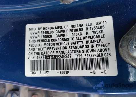2014 Honda Civic Lx from USA, damaged, VIN 19XFB2F53EE246347